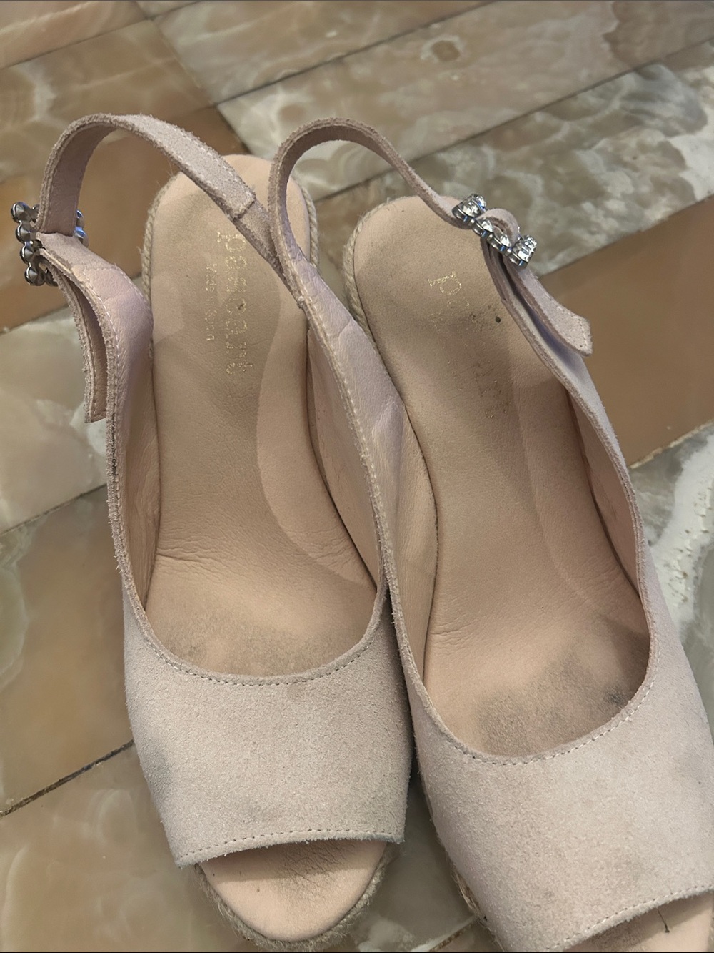 Blush Pink Suede Espadrille Slingback with Crystal Buckle